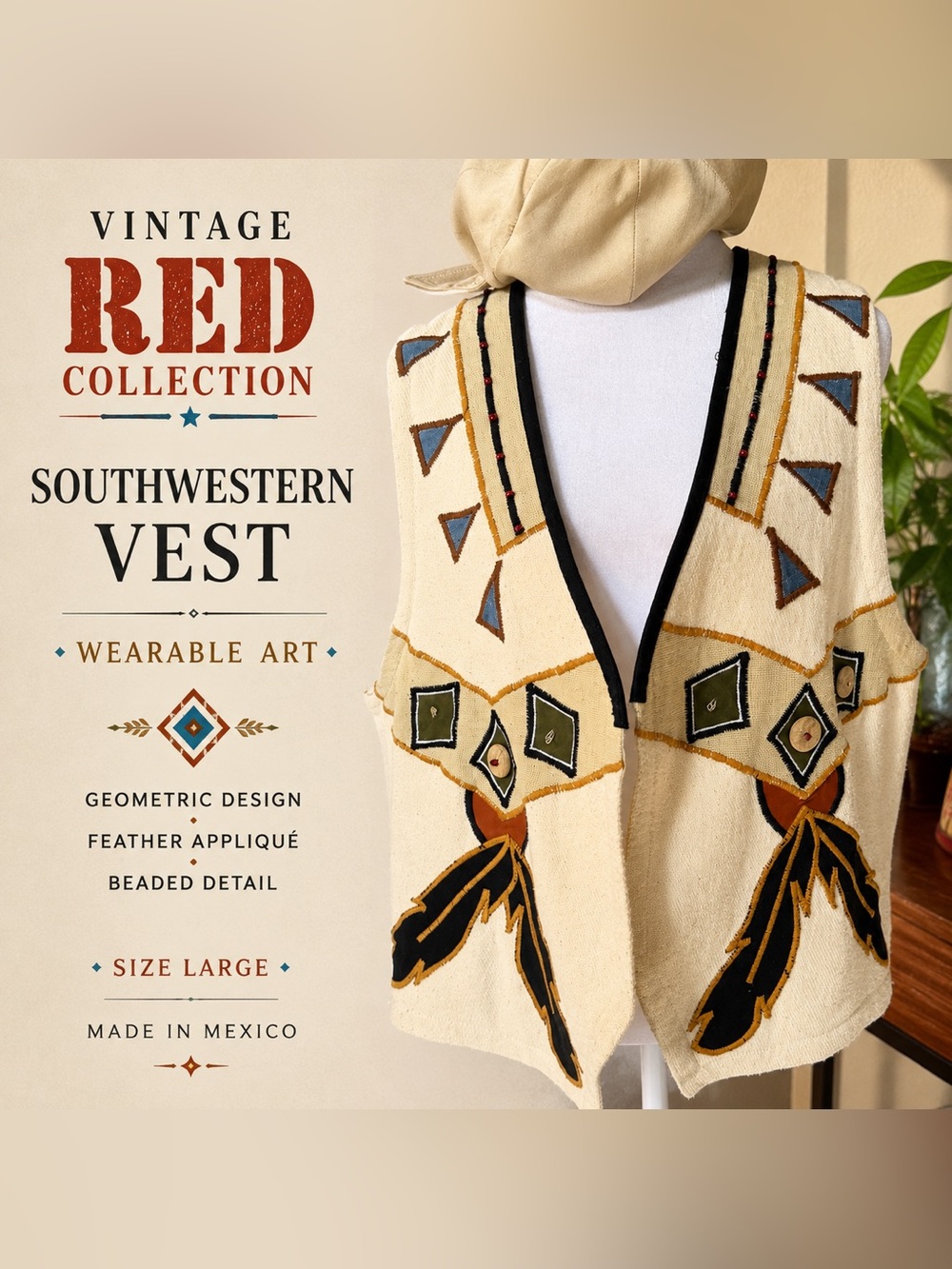 Vintage Southwestern Boho Feather Vest RED Collection Size Large
